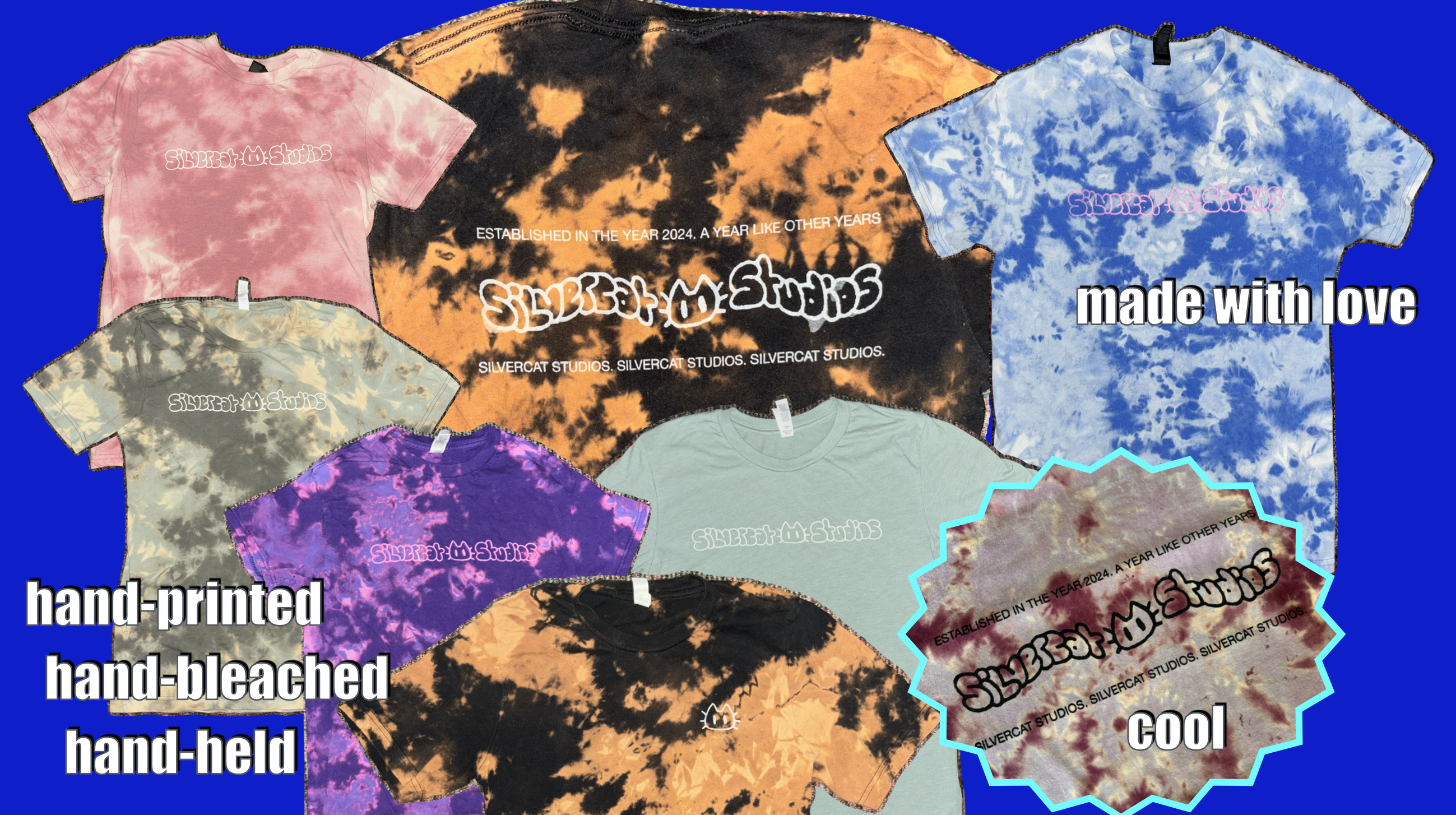 silvercat studios t-shirts of different colours, bleach dyed and hand printed